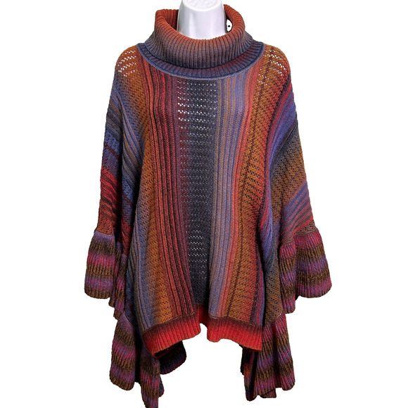 Tesoro Moda Knit Poncho Womens S/M Colorful Cowl Neck Festival Western Flowy - Picture 1 of 7